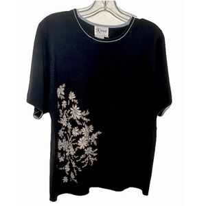 Vtg Koret K Woman Blue Knit  Top 16 Floral Beads SS Grandma Core Whimsygoth